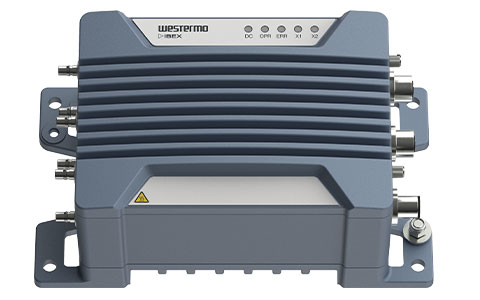 Front angle view of the Ibex-RT-630 EN 50155 LTE and WLAN Router by Westermo.